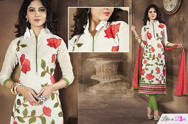 Off White & Mehandi Green Embroidered Chanderi Cotton Suit